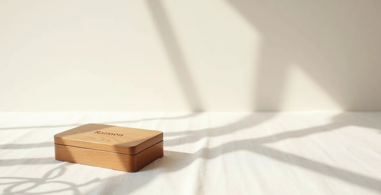 Composition minimaliste d'un objet gravé personnalisé disposé dans un environnement épuré, mettant l'accent sur le negative space et la géométrie de l'objet