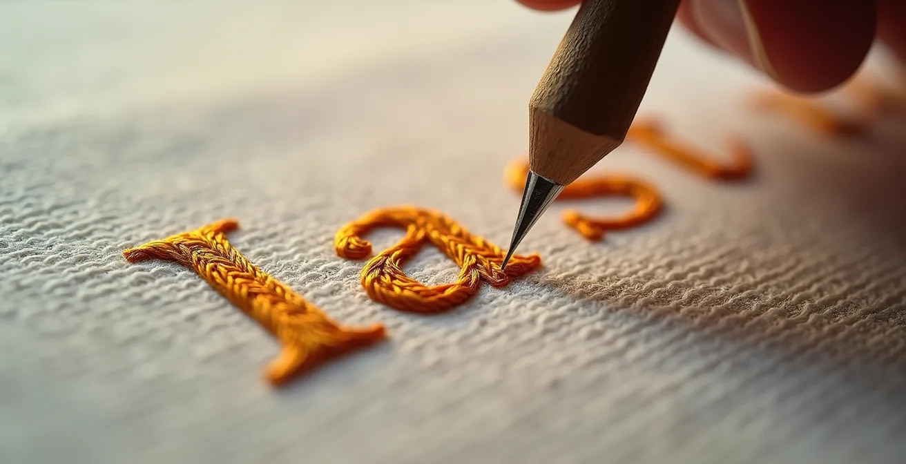 Détail macro d'une gravure artisanale sur surface textile noble, montrant la précision des motifs et la qualité de l'exécution