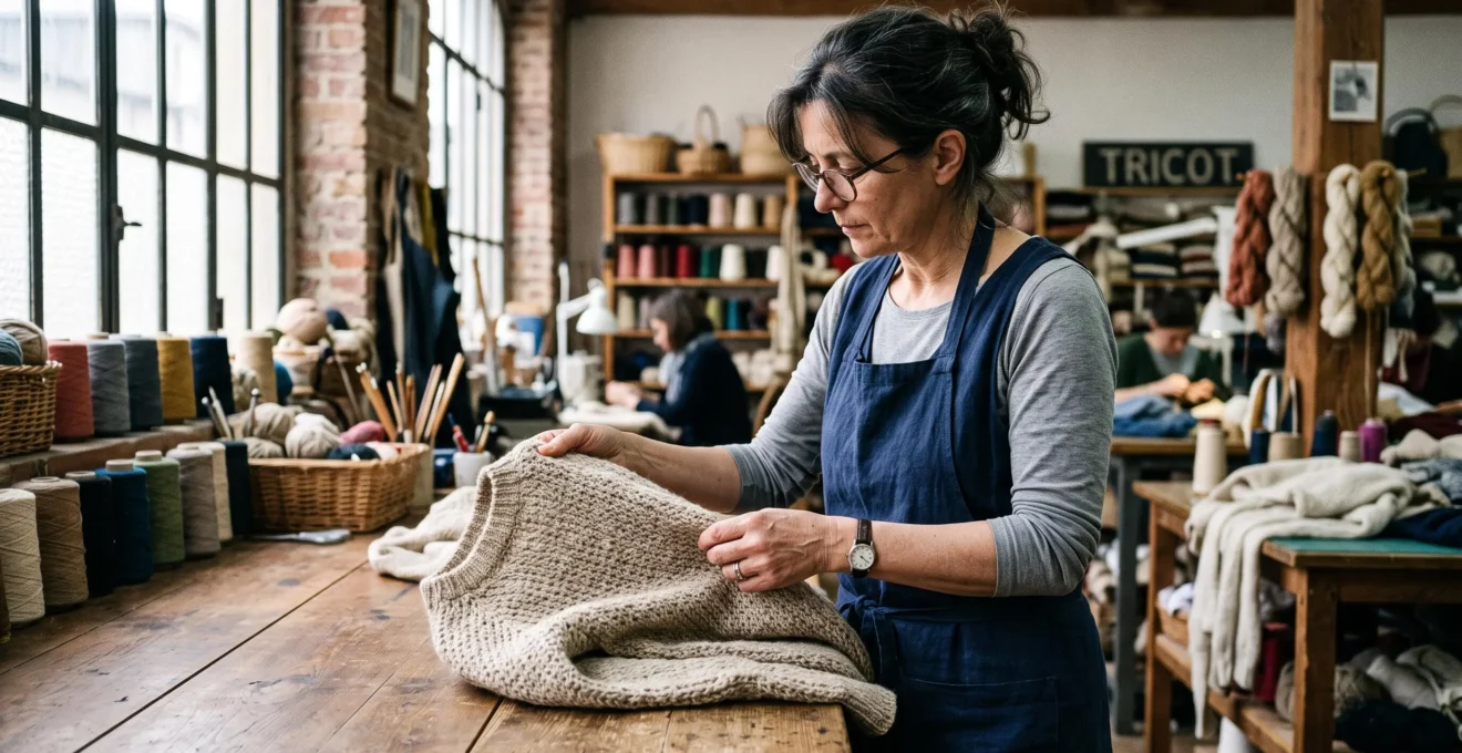 Artisan textile français inspectant la qualité d'un pull tricoté main dans un atelier de tricot