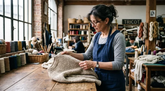 Artisan textile français inspectant la qualité d'un pull tricoté main dans un atelier de tricot
