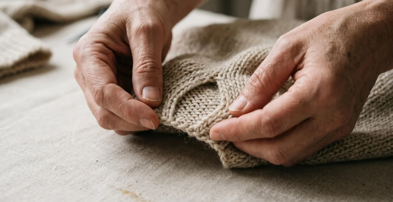 Gros plan sur des mains écartant un tricot en laine mérinos pour révéler la densité et la structure des mailles