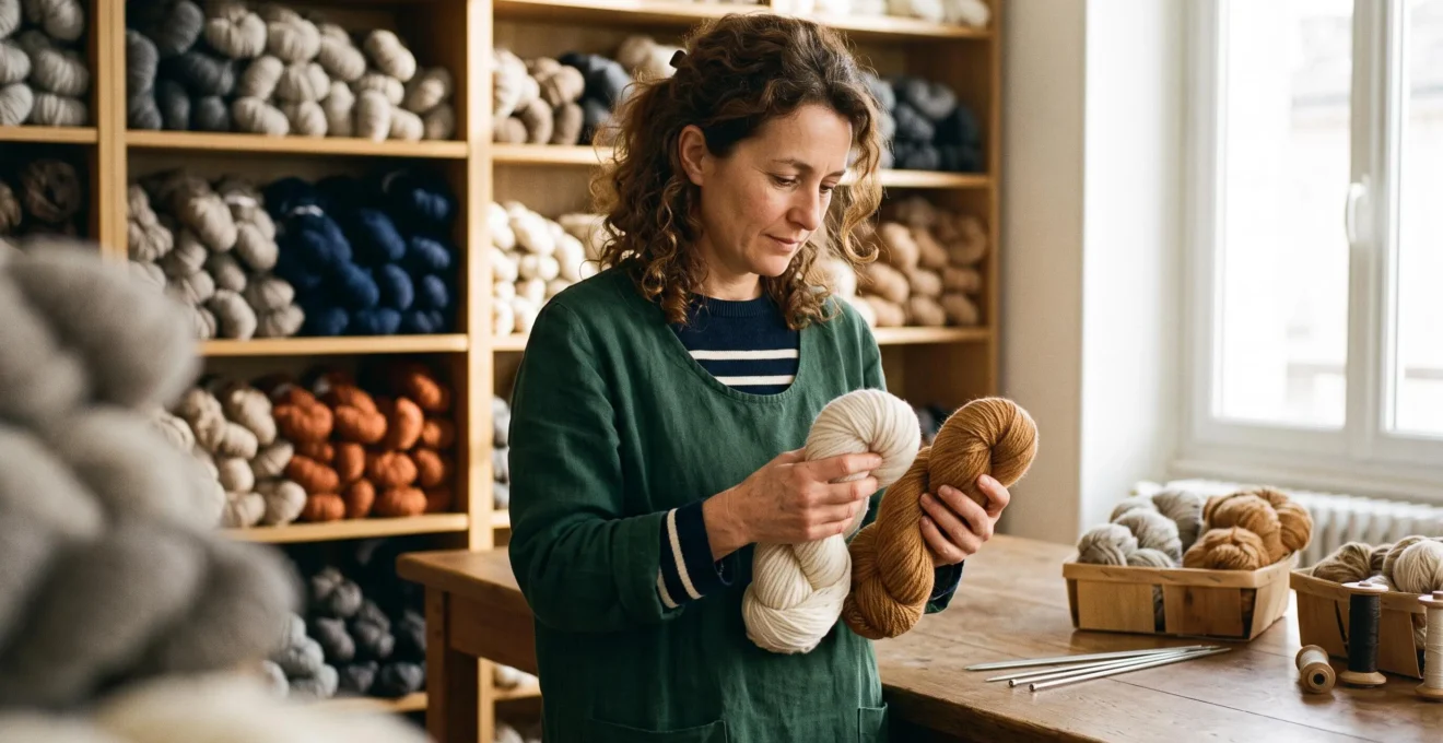 Artisan tricotier français présentant et comparant des écheveaux de laine mérinos et alpaga dans un atelier